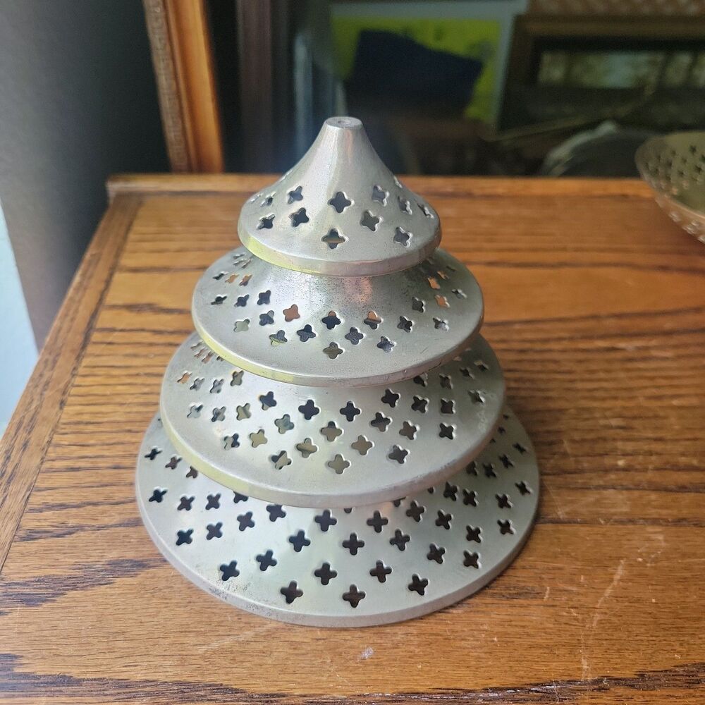 Vtg Brass 4 Tiered cone shaped tree with pierced crosses design Christmas Decor